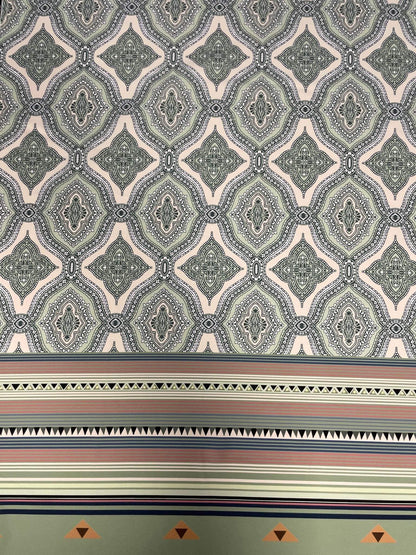 Soft Green and Pink Ethnic Pattern with Border Stripes Fabric – Custom Printed Fabric, Choose Material by Metre