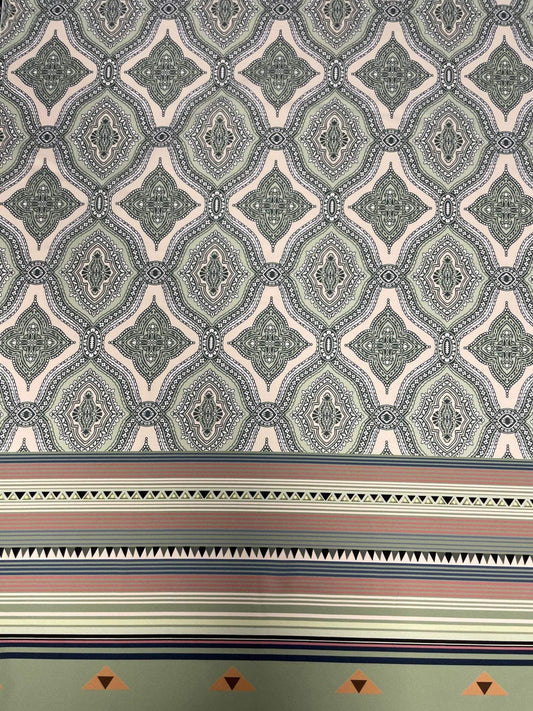 Soft Green and Pink Ethnic Pattern with Border Stripes