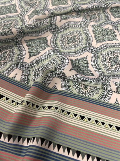 Soft Green and Pink Ethnic Pattern with Border Stripes Fabric – Custom Printed Fabric, Choose Material by Metre
