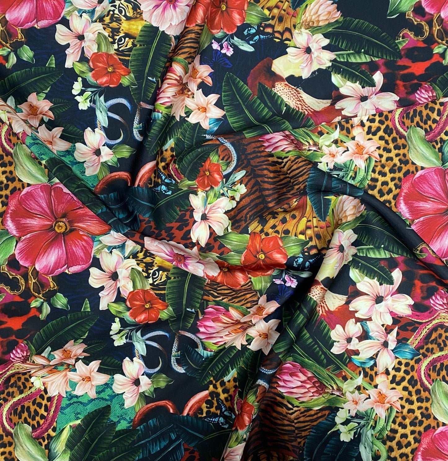 Tropical Jungle Fabric – Floral & Leopard Exotic Print by the Metre