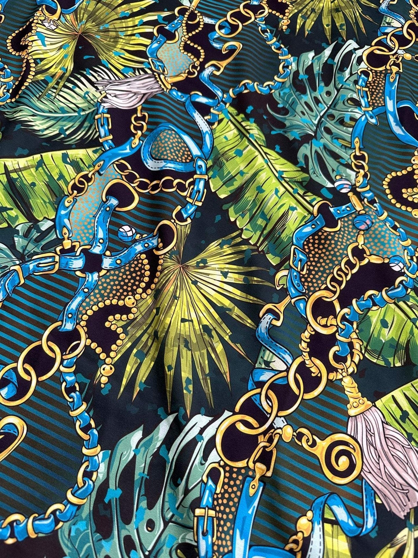 Vibrant Chain Belt Pattern Tropical Fabric – Fabric by Metre, Options: Satin, Crepe, Spandex, Chiffon