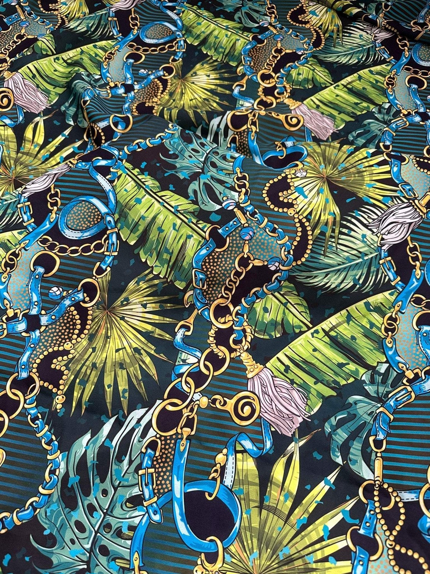 Vibrant Chain Belt Pattern Tropical Fabric – Fabric by Metre, Options: Satin, Crepe, Spandex, Chiffon