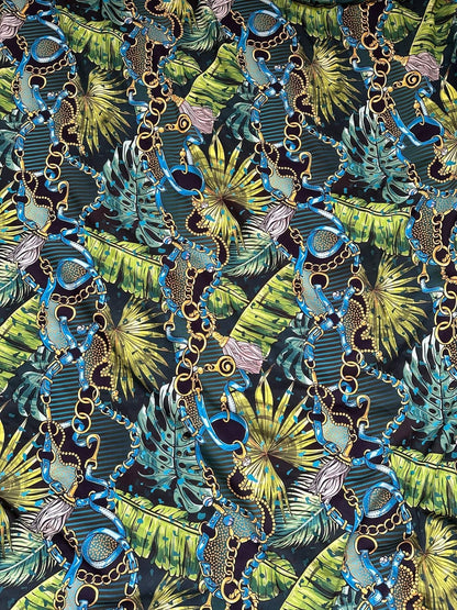 Vibrant Chain Belt Pattern Tropical Fabric – Fabric by Metre, Options: Satin, Crepe, Spandex, Chiffon