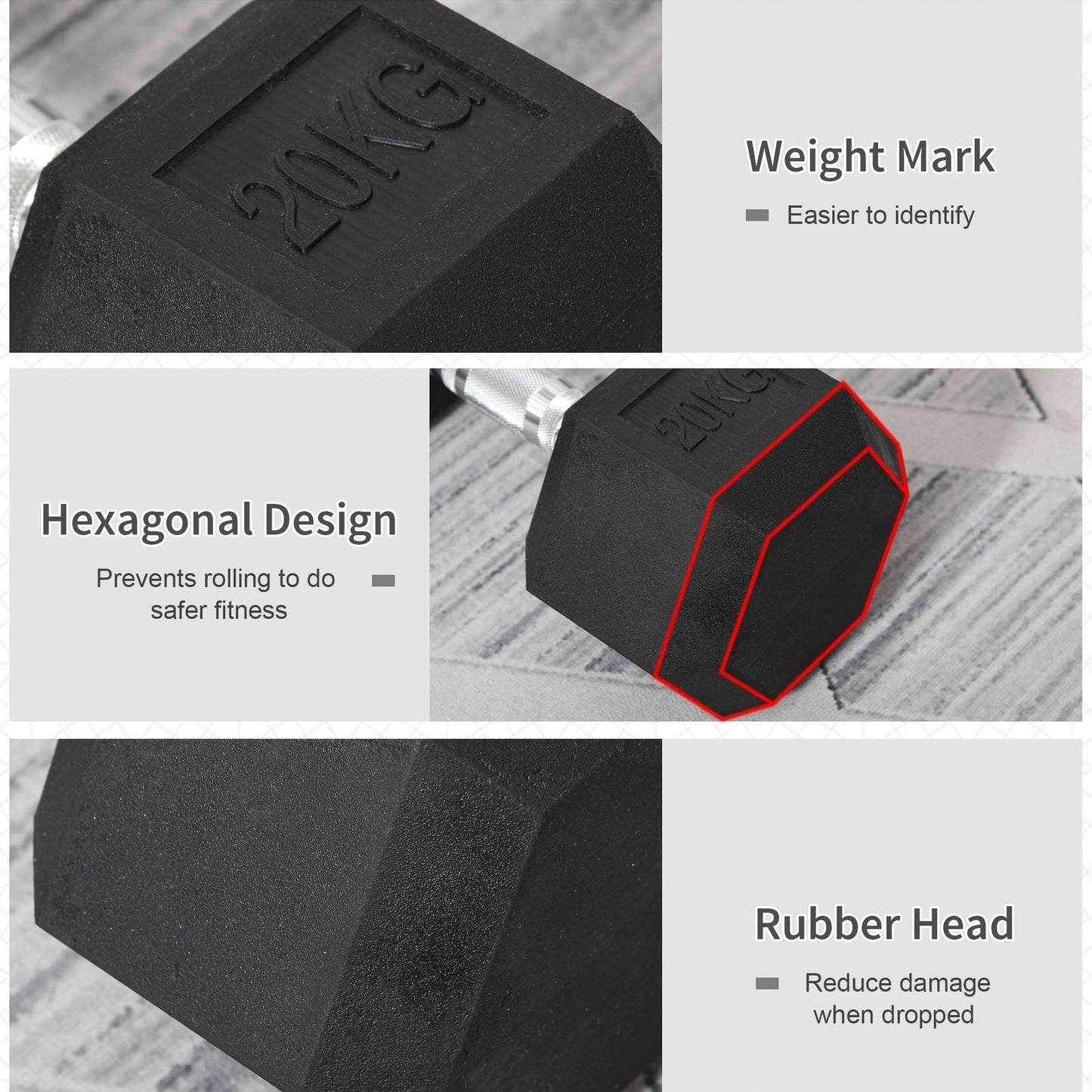 Homcom 20KG Single Rubber Hex Dumbbell Portable Hand Weights Dumbbell Home Gym