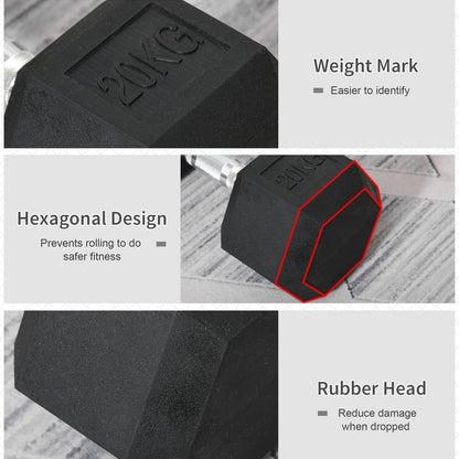 Homcom 20KG Single Rubber Hex Dumbbell Portable Hand Weights Dumbbell Home Gym