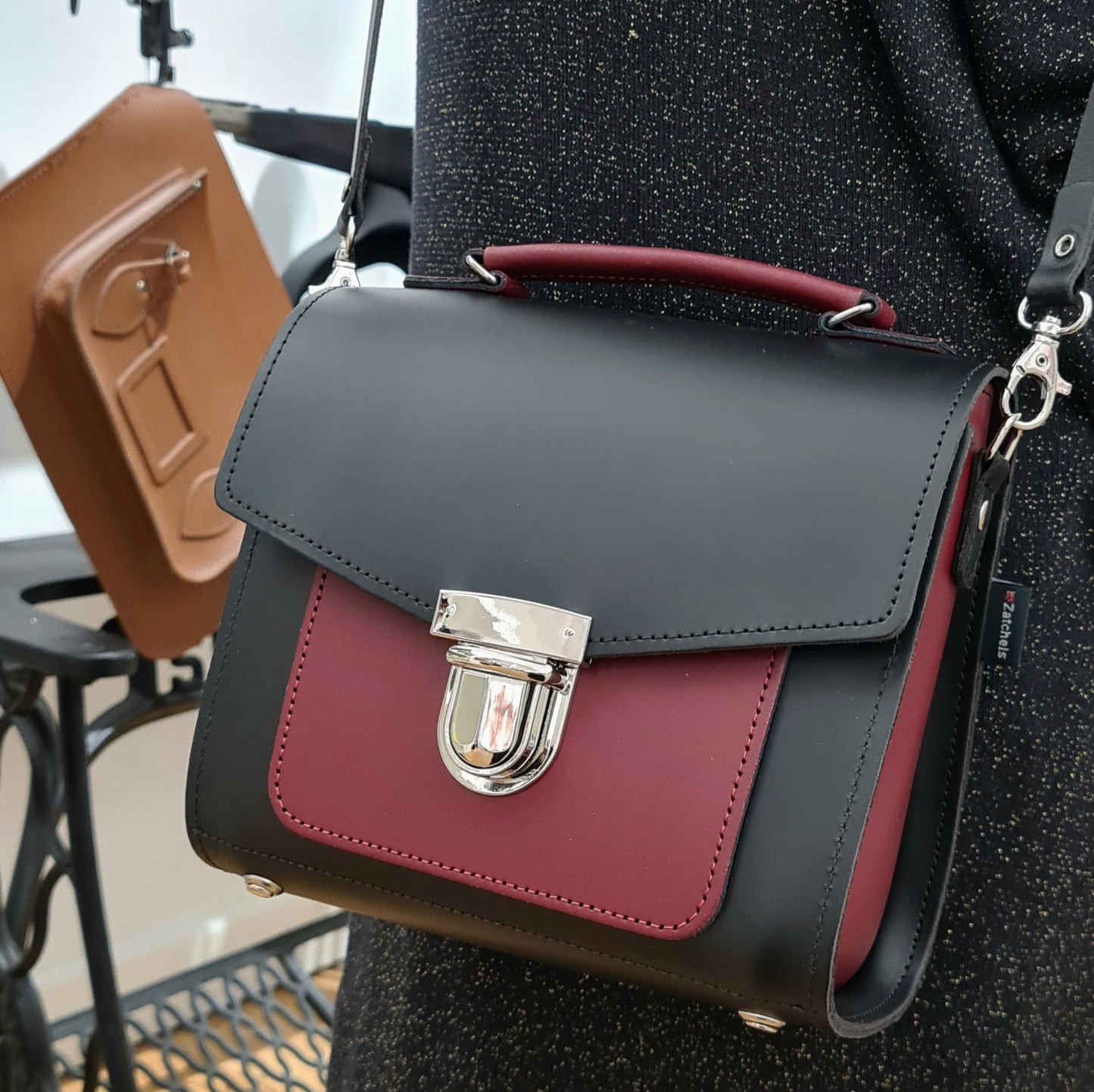 Handmade Leather Two Tone Sugarcube Handbag - Black & Oxblood