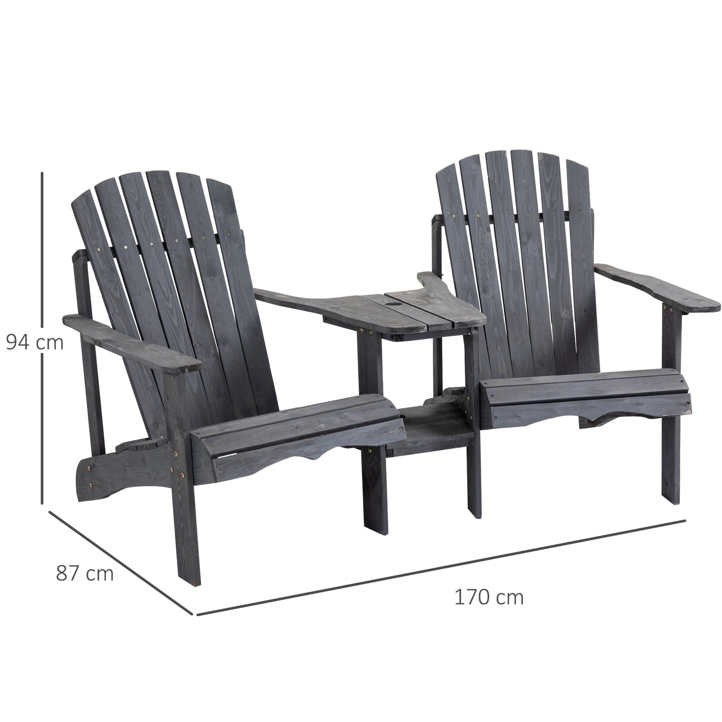 Wooden Outdoor Double Adirondack Chairs Loveseat w/ Centre Table and Umbrella Hole