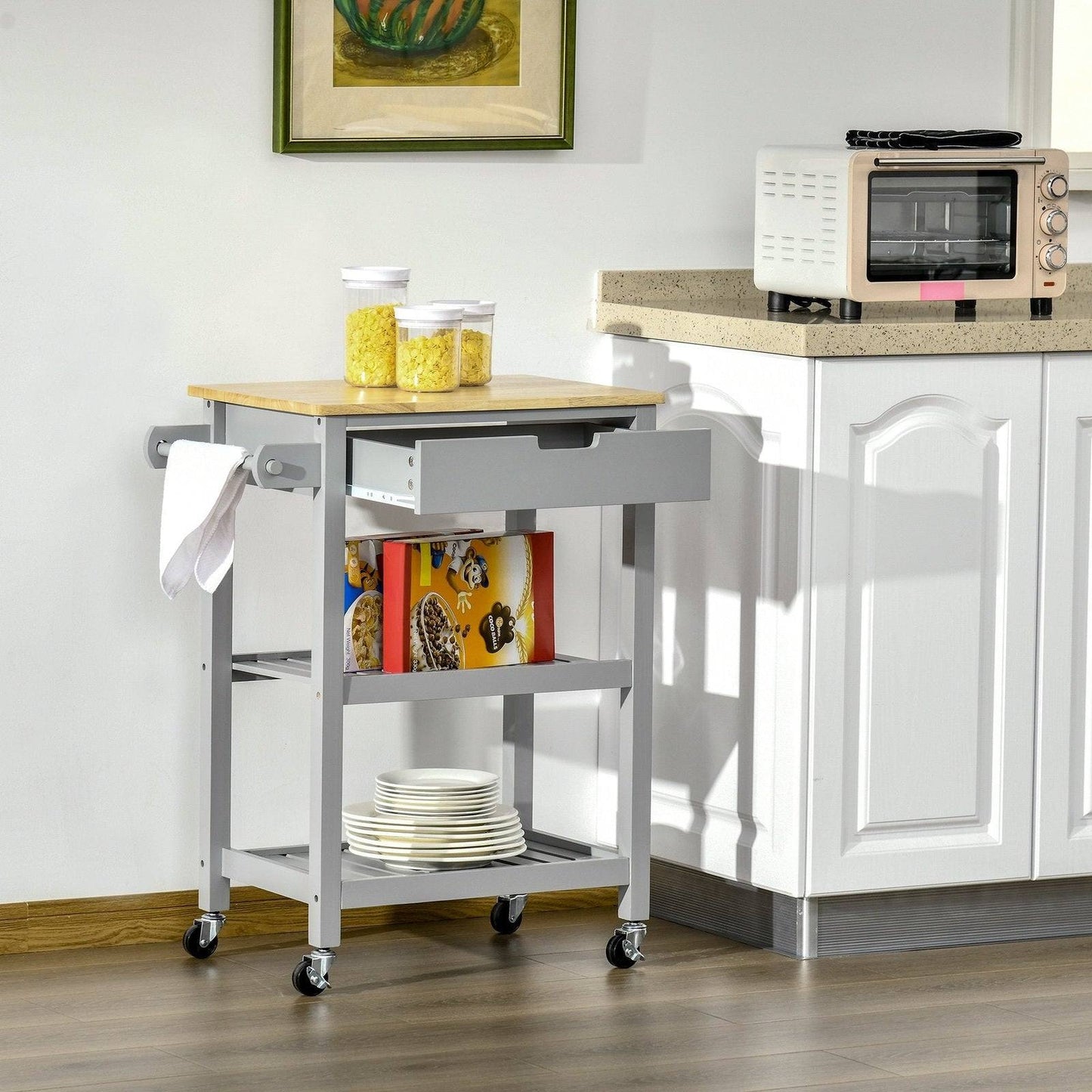 Kitchen Trolley Utility Cart on Wheels with Rubberwood Worktop