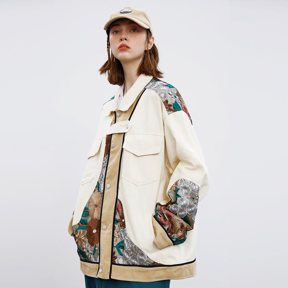 Unisex Stitching Lace Coat – Casual Khaki Jacket for Youth