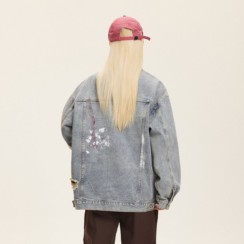Unisex Washed Graffiti Ripped Denim Jacket - Retro