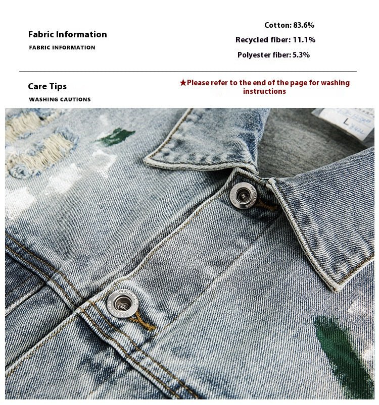 Unisex Washed Graffiti Ripped Denim Jacket - Retro