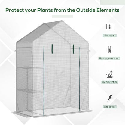 Outsunny Walk In Greenhouse with 2 Tier Shelf, Portable Gardening Plant Grow House with Roll up Zip Panel Door, Reinforced PE Cover, 143 x 73 x 195cm, Green
