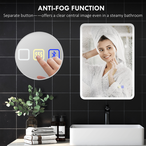 HOMCOM 500 x 700 mm Bluetooth Bathroom Mirror with LED Lights Wall Mounted