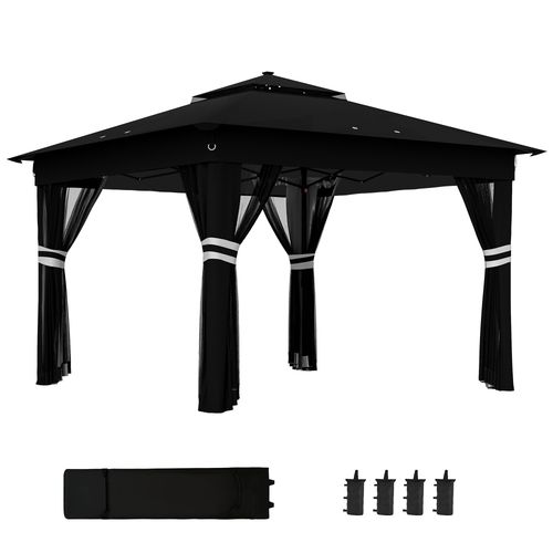 Outsunny 3x3(m) Pop Up Gazebo w/ Solar-Powered LED Lights Netting Black