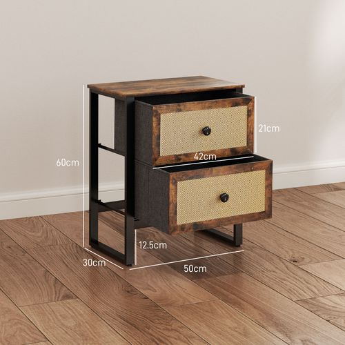 Homcom Bedside Table with 2 Rattan Drawers and Steel Legs, Rustic Brown