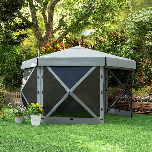 Outsunny 3 x 3(m) Hexagon Pop Up Gazebo with 5 Sides, Netting, Light Grey