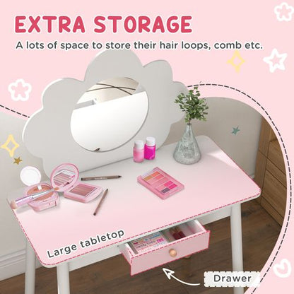 AIYAPLAY Kids Dressing Table with Mirror and Stool, Drawer, Cloud Design