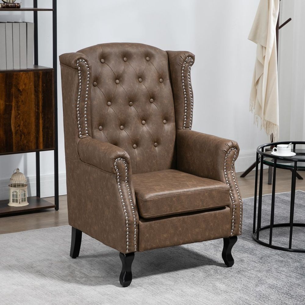 Vintage Chesterfield Wing Back Armchair - Tufted Brown Accent Chair