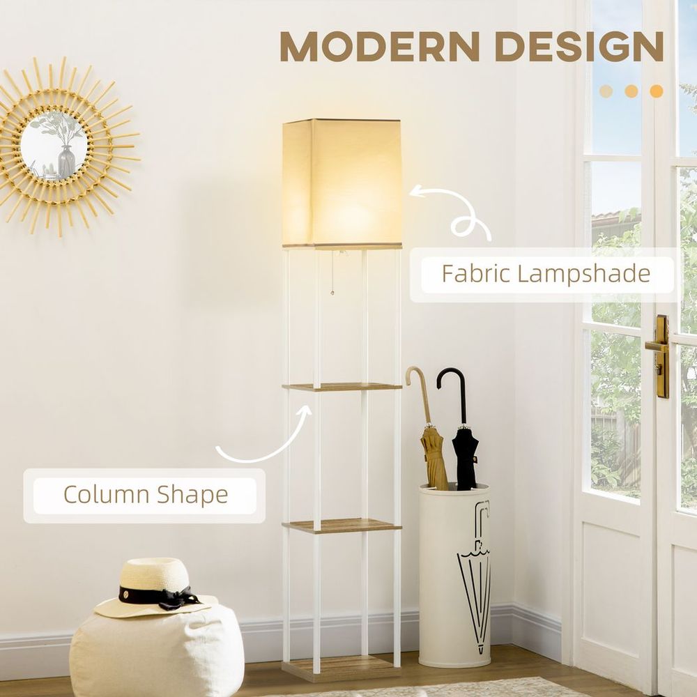HOMCOM Modern Floor Lamp: Shelves, Fabric Lampshade for Living Room