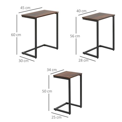 Homcom C-Shaped Nesting Tables Set of 3 with Steel Frame, Rustic Brown