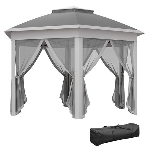 Outsunny 3x4m Hexagon Gazebo w/ Mesh Curtains Outdoor Garden, Dark Grey