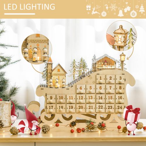 Christmas Advent Calendar 2021 Light Up Wooden Sleigh Countdown Natural