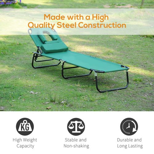 Outsunny Folding Sun Lounger Reclining Chair with Pillow Reading Hole Dark Green