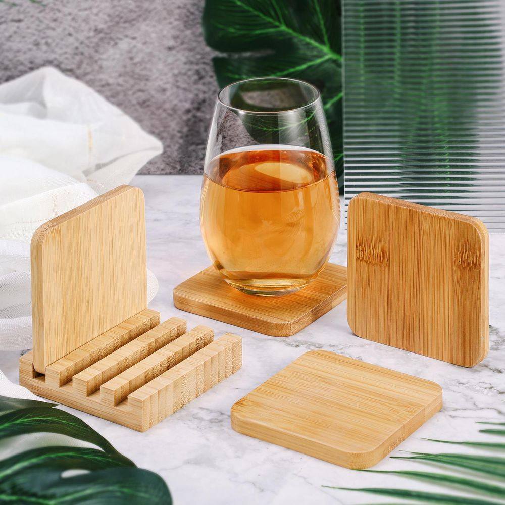 Bamboo Coasters Set of 4 Natural Wood Square Drink Coaster with Holder