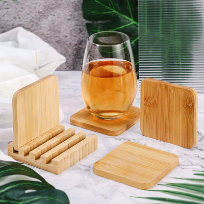 Bamboo Coasters Set of 4 Natural Wood Square Drink Coaster with Holder