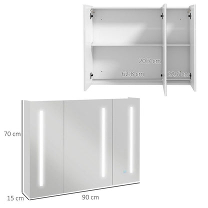 kleankin Wall Mount Storage Cupboard w/ Light, Mirror & Shelf - Bathroom Organizer, Day & Night Ready