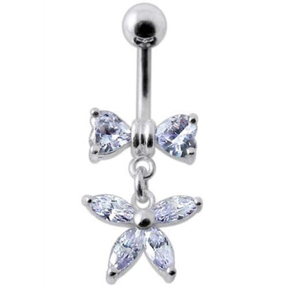 Fancy Jeweled Butterfly with Bow Dangling Surgical Grade Steel Belly Ring