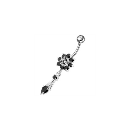 Jeweled Fancy Flower Dangling SS Banana Bar Navel Ring