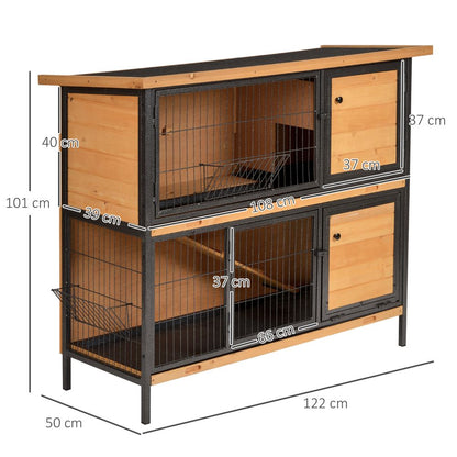 PawHut 2 Tier Wooden Rabbit Hutch Guinea Pig Hutch Bunny Cage Metal Frame Elevated Pet House with Slide-Out Tray Feeding Trough Ramp Lockable Door Openable Roof Light Yellow 122 x 50 x 101cm