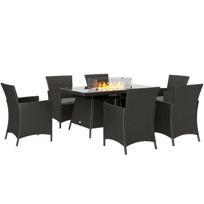 Outsunny Rattan Dining Set with Fire Pit Table and Armchairs, Black