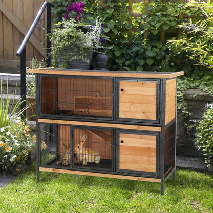 PawHut 2 Tier Wooden Rabbit Hutch Guinea Pig Hutch Bunny Cage Metal Frame Elevated Pet House with Slide-Out Tray Feeding Trough Ramp Lockable Door Openable Roof Light Yellow 122 x 50 x 101cm