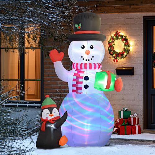 Outsunny 8FT Inflatable Snowman Holding Gift Box w/ Penguin and LED Lights