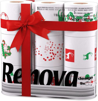 Renova 9 / 18 / 27 / 36 / 45 White Print 2 Ply Xmas Toilet Tissue Rolls