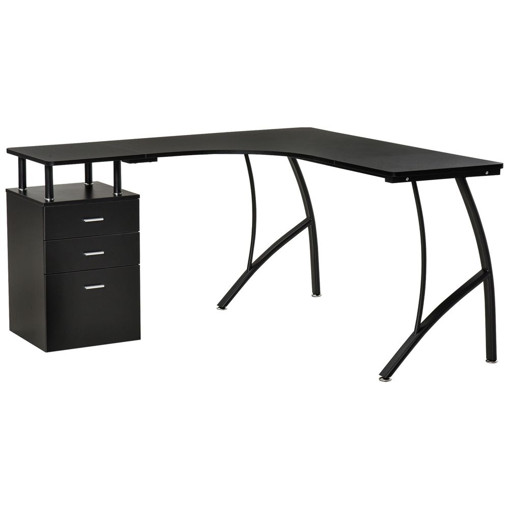HOMCOM L-Shaped Computer Desk Table with Storage Drawer Home Office Corner Industrial Style Workstation for A4 Files 143.5 x 143.5 x 76cm, Black