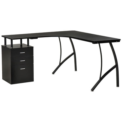 HOMCOM L-Shaped Computer Desk Table with Storage Drawer Home Office Corner Industrial Style Workstation for A4 Files 143.5 x 143.5 x 76cm, Black