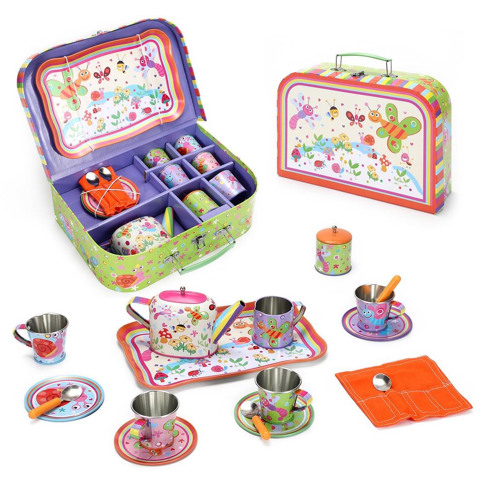 SOKA Bug Tin Tea Set - 18pc Kids Toy Tea Party Set with Colorful Illustrations - Includes Matching Car