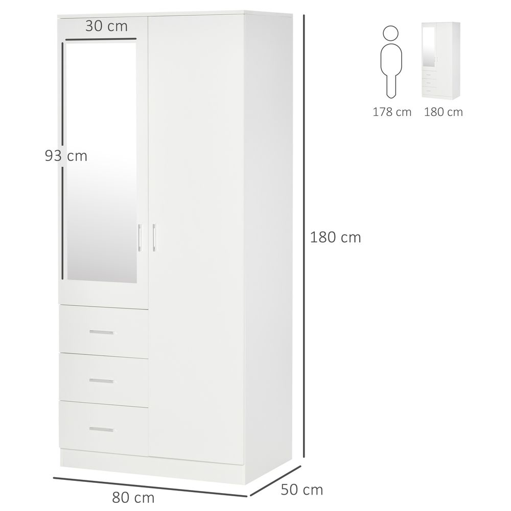 2-Door Wardrobe w/ Adjustable Shelf 3 Drawers for Bedroom, 180cm, White