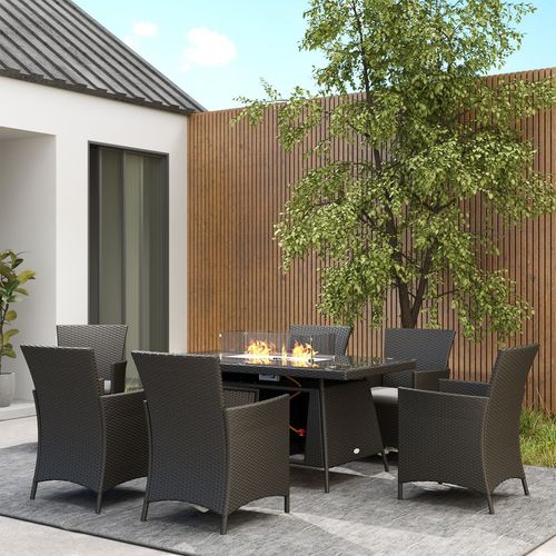 Outsunny Rattan Dining Set with Fire Pit Table and Armchairs, Black