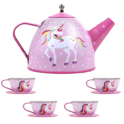 SOKA Unicorn Metal Tin Teapot Set with Carry Case Toy for Kids - 18 Pcs Illustrated Colourful Design Toy Tea Party Set for Boys and Girls Pretend Role Play