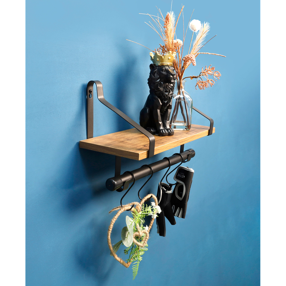 Dark Oak Wall Shelf with Black Rail - PARGI: Professional-Quality, 1 Tier, 15mm MDF+Iron, Black+Oak