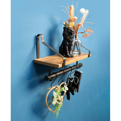 Dark Oak Wall Shelf with Black Rail - PARGI: Professional-Quality, 1 Tier, 15mm MDF+Iron, Black+Oak