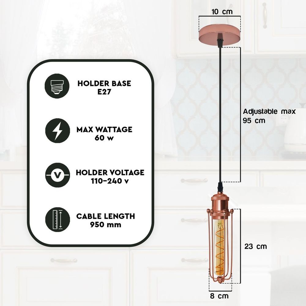 Rose Gold Ceiling Pendant Light | Vintage Industrial Hanging Lamp Fixture | E27, Wire Cage | High-Quality Metal Construction