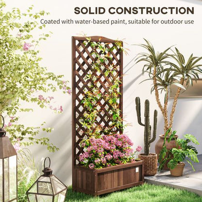 Outsunny Garden Wooden Planter Box with Trellis Flower Raised Bed Dark Brown