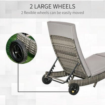 Outsunny Outdoor Reclining Lounge Chair, PE Wicker, Rolling Wheels, Grey