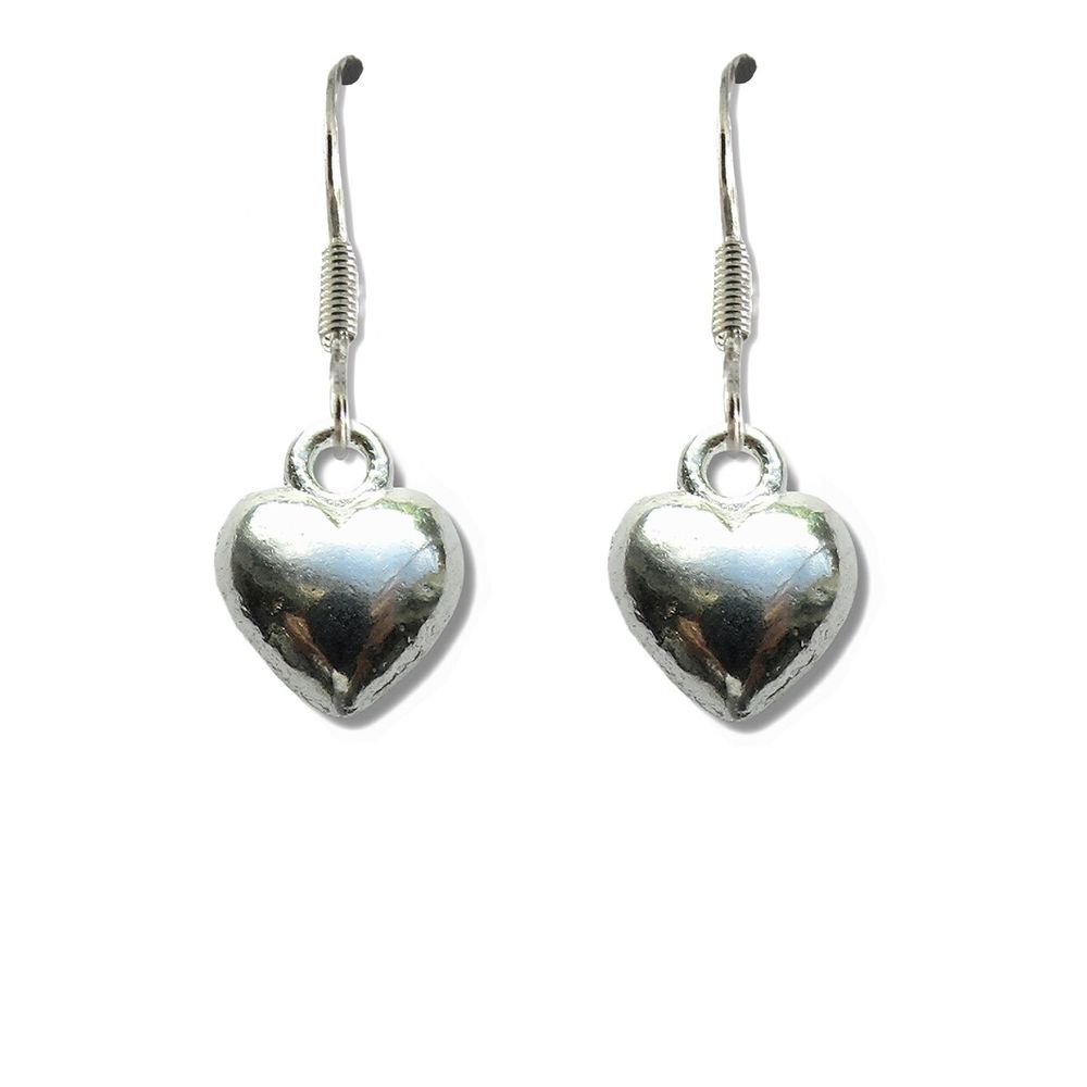 Puff Heart Drop Earrings: Silver Plated, Tibetan Silver Charm - Gift Box Included