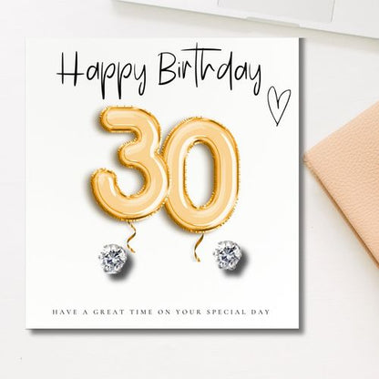 Small 30th Birthday Gold Balloons Gift Hamper - Cubic Zirconia Earrings, Chocolates & Candle